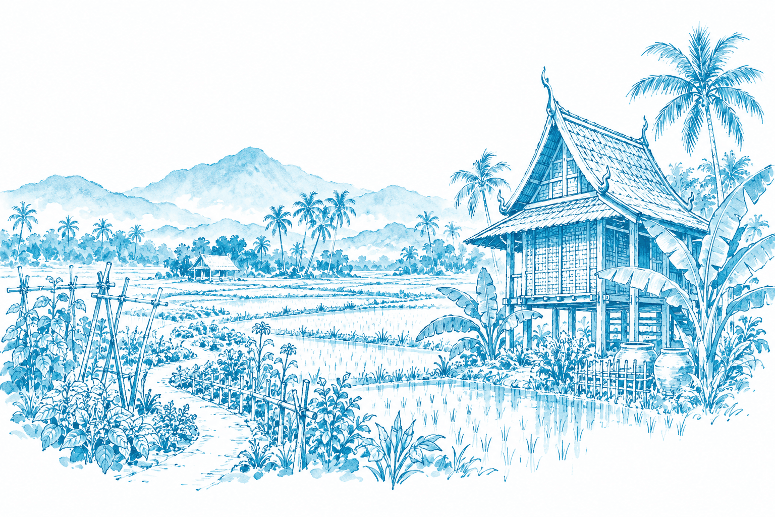 Blue ink drawing of a Thai rice barn among fields and palms